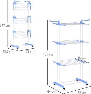 Сушильна стійка HOMCOM Tower з колесами, 4 яруси, висувна, внутрішня/зовнішня, сталева, 73x45.5x177см (синій/білий)