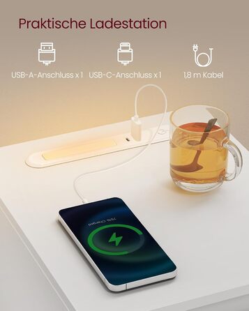 Приліжкова тумбочка VASAGLE з LED-підсвічуванням, USB-A та USB-C, з шухлядою та відкритим відсіком, для спальні/вітальні, білий колір LET610W01