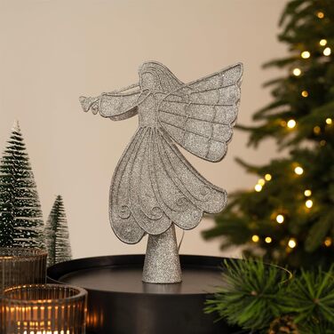 Ялинкова іграшка, ангел 26 см, проекція снігопаду, відсік для батарейок, різдвяний декор, тема червоний (сріблястий)