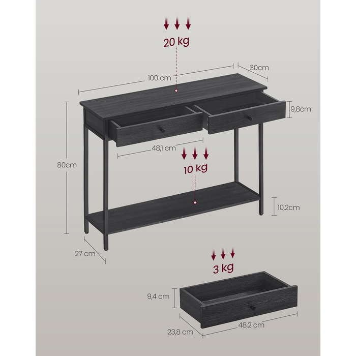 Консольний столик VASAGLE з 2 ящиками, сталевий каркас, промисловий дизайн, верблюжий коричневий чорнило