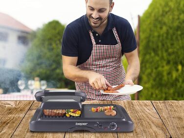 Електрогриль BEPER 90.871 з кришкою, антипригарне покриття, нержавіюча сталь, чорний (1600 Вт)