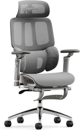 Крісло офісне MUSSO H80 Pro з ергономічною спинкою, сітчасте, з підтримкою попереку, регульовані підлокітники, підставка для ніг, темно-сіре