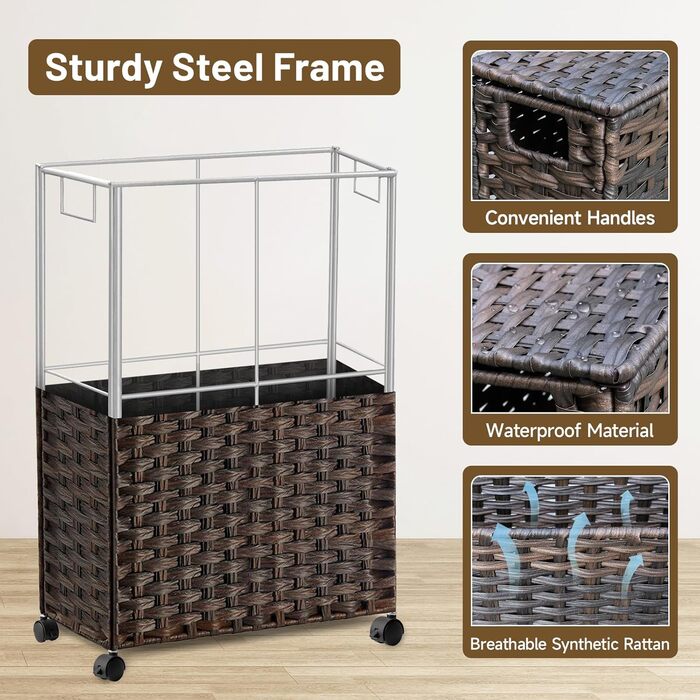 Кошик для білизни 70L з кришкою та колесами, коричневий. Знімні мішки для білизни та сортування