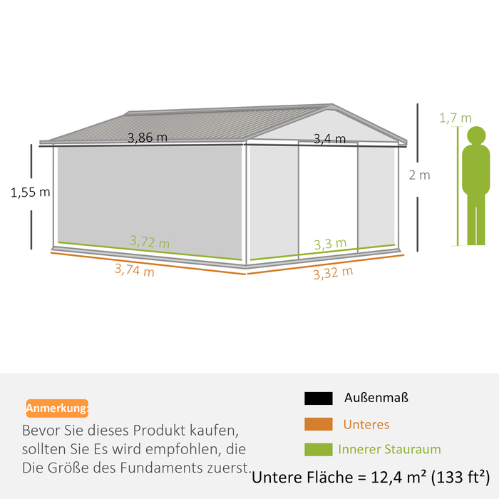 Outsunny Garden сарай 12,4 м², садовий сарай з односхилим дахом, розсувні двері, фундамент, 340 x 386 x 200 см, садовий сарай з оцинкованої сталі, стійкий до погодних умов, для саду, темно-зелений | Аосом