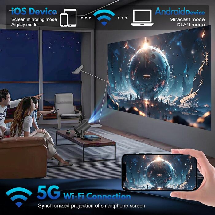 Портативний проєктор Mini Beamer: 1080P, 4K, Android, iOS, WiFi, Bluetooth, 180°