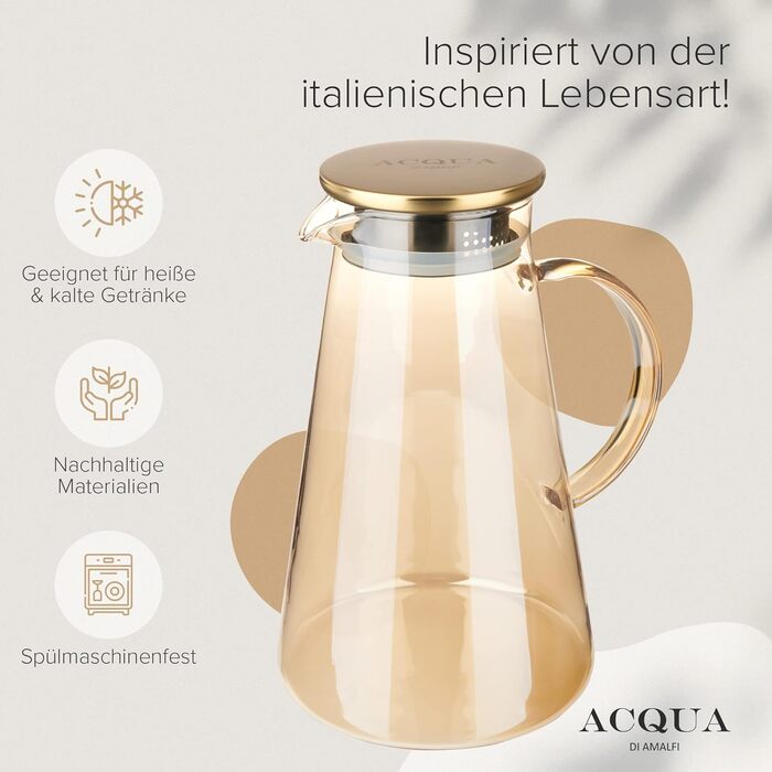 Скляна карафа ACQUA DI AMALFI® 2 літри з нержавіючою сталлю/бамбуком, для води та фруктів, витоки неможливі, також як чайник (Золото/Бамбук)