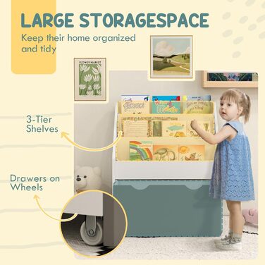 Полиця для дитячих книжок AIYAPLAY, 3-8 років, 3 ящики, з висувною шухлядою, MDF, 62,5x30x70 см, білий та сірий