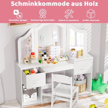 Дитячий туалетний столик MAMIZO 2 в 1 з дзеркалом та пуфом, рожево-білий, 108x30x114 см