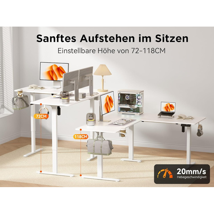 Електричний кутовий стіл L-подібної форми, 190 x 150 см. Регулювання висоти, стіл для офісу, ігровий стіл з керуванням кабелями, білий.