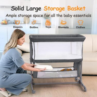 Зустрічне ліжко для немовлят, коліс, кошик для зберігання, регулювання висоти 7 рівнів (темно-сірий)