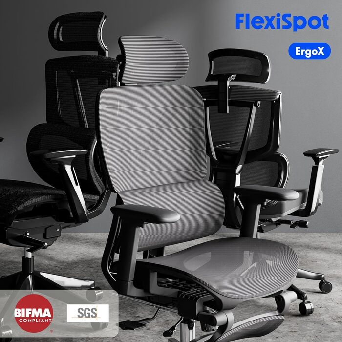 Офісний стіл ErgoX FLEXISPOT: ергономічний крісло з 3D підлокітниками, 3D-підголівником, 5D спинкою, дихаючим сидінням, до 130 кг (Чорний, Lite)