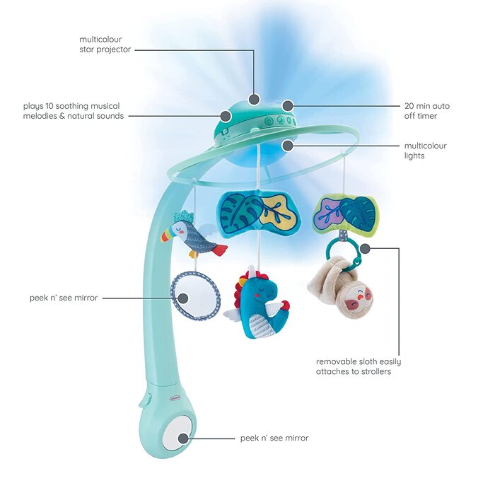 Дитячий мобіль Infantino Dream Buddies 3-в-1 з налаштованим музичним проектором, який можна повісити над дитячим ліжечком або столом, з модифікацією для пробудження