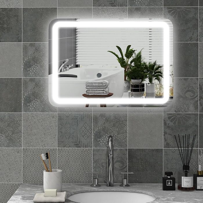 Дзеркало для ванної кімнати HOMCOM з підсвічуванням 50 x 70 см, LED, 3 кольори світла, сенсорне управління, функція пам'яті, антизапар, срібло