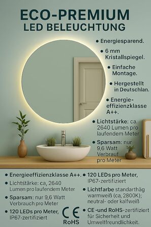 SARAR Круглий дзеркало для ванної кімнати з LED-підсвічуванням 120 см, Made in Germany, дизайн MAR113