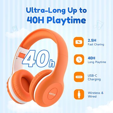 Дитячі навушники EarFun Bluetooth, 85/94 дБ, звук HiFi, 40 годин, складні, бездротові, темно-синій (помаранчевий)