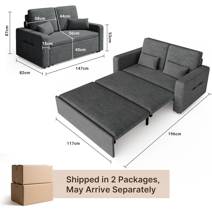 Диван-ліжко Xbro з висувною спальною поверхнею, 147x196x87 см, 2-місний, з 4 колесами, сучасний велюровий диван-ліжко, темно-сірий