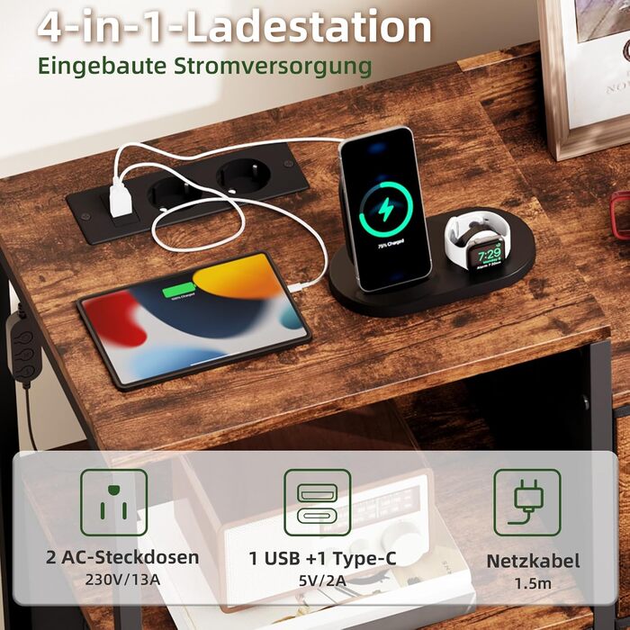 Комод Somdot для спальні, вітальні, передпокою з висувними ящиками, LED-підсвічуванням та розеткою (2 AC, 1 USB, 1 Type-C), 5 тканинних ящиків, білий, 29T x 66,5B x 70,5H см (декор під дерево, 29T x 99B x 70.5H см (8 ящиків))