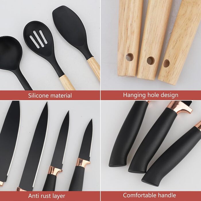 Набір кухонних ножів 19 предметів з підставкою, силіконовий кухонний інвентар, чорний колір