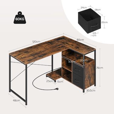 Кутовий стіл WOLTU білий з USB-роз'ємами (A/C) - 120x80x75 см. Комп'ютерний стіл з полицею та розеткою, металевий каркас (вінтажний коричневий)