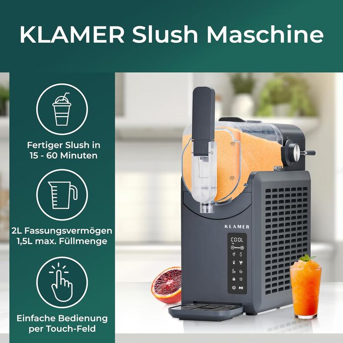 Машина для сльошу KLAMER 2 л, 5 програм: сльоші, коктейлі, молочні коктейлі, фрапе, вино, автоматичне очищення, Turbo Freeze, без льоду