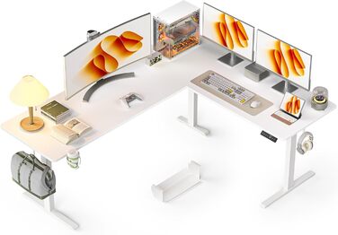 Електричний кутовий стіл L-подібної форми, 190 x 150 см. Регулювання висоти, стіл для офісу, ігровий стіл з керуванням кабелями, білий.