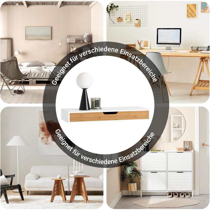 Полиця настінна SoBuy з шухлядою - біла та дерев'яна, 60x24x8 см. Сучасна настінна полиця для вітальні, спальні, коридору FRG93-WN