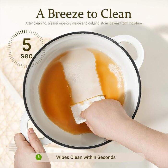 Чавунна каструля-гульяш Overmont з емалевим покриттям, 26 см, 5.2 л, перламутрово-біла, з кришкою та кулінарною книгою, підходить для духовки