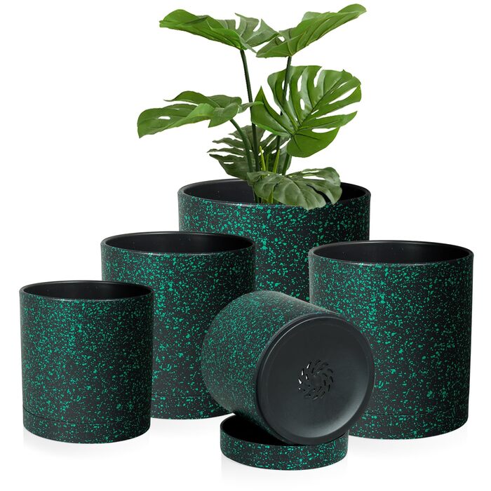 5шт горщиків для квітів з підставкою, 17.8/15.2/14/12.7/10.2см, пластикові горщики для рослин, гідропоніка, набір горщиків для дому та балкону, зелені з коричневим піддоном (7+6+5.5+5+4 дюйми)