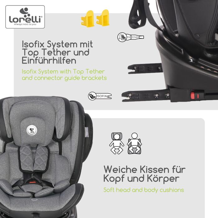 Автокрісло Lorelli Aviator, зростаюче автокрісло з Isofix - група 0/1/2/3 (0-36 кг), дитяче крісло, поворот на 360 градусів, 5-точковий ремінь безпеки, регульований підголівник, зелений (сірий світло-сірий)