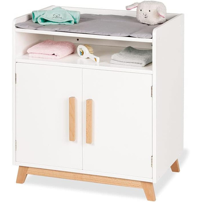 PINOLINO Столик для переодягання ляльок Marit, дерев'яні меблі для ляльок, скандинавський стиль, білий, з блискучим лаком, з пелюшкою, 2 дверцята, 1 полиця, для дітей від 2 років, 52x40x59 см