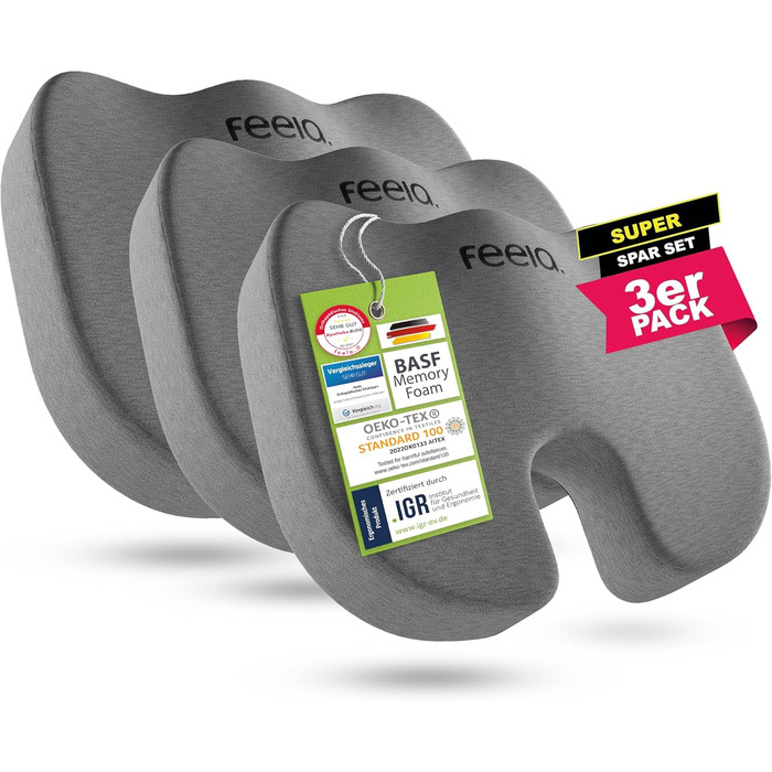Ортопедична подушка для сидіння Feela® [3 ступені жорсткості] - Ергономічна подушка для офісного крісла та ін. - Зменшує біль, підвищує комфорт, розвантажує куприк (3 шт., Medium) (М'яка (50-80 кг), Темно-сірий, 3 шт.)