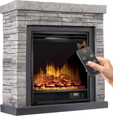 Електрокамін KESSER 1800Вт з 3D LED-ефектом полум'я, обігрівом, термостатом, таймером, дистанційним керуванням, диммером, дизайн під камінь, натуральний/коричневий/сірий