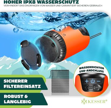 Соняшний душ KESSER® з насосом та акумулятором 8000mAh. Комплект для кемпінгу: регульована лійка, шланг 2м, пістолет-розпилювач, кріплення. Без бака, оранжевий/чорний