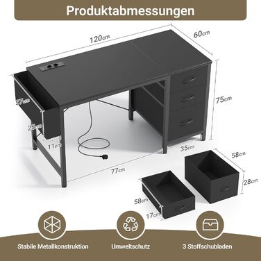 Компактний письмовий стіл Claiks з 3 висувними ящиками, 100x60 см, з розетками та USB-портами. Комп'ютерний стіл для дому та офісу