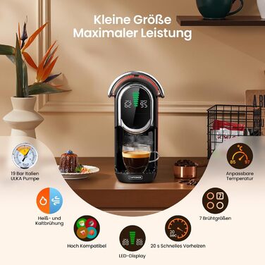 Кавомашина Magician1 Mini Kapselmaschine 5в1 для Nespresso, Dolce Gusto, Lavazza A Modo Mio, ESE 44, кавової гущі | 20 бар, 1450 Вт, LED-дисплей, 7 рівнів води | для дому та офісу, червона