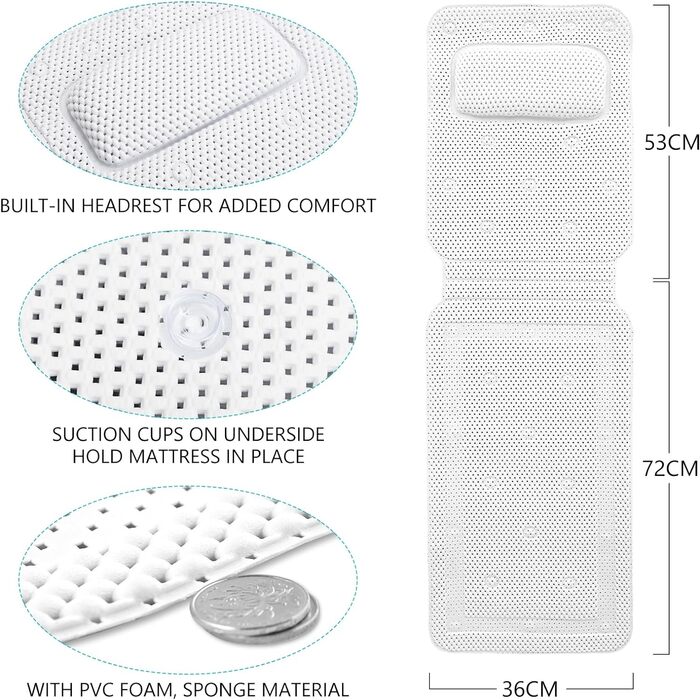 Килимок для ванни на все тіло з подушкою, 3D Air Mesh Spa Bath Pillow Mattress, стьобане повітряне ліжко для ванни з нековзними присосками, аксесуари для ванної кімнати підтримують шию, спину та ноги (125x36 см)