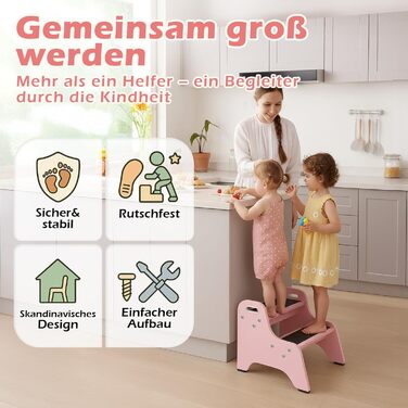 Дерев'яний дитячий стільчик Tritthocker з 2 сходинками, неслизький, для ванної та кухні, скандинавський дизайн, колір: натуральний (рожевий)