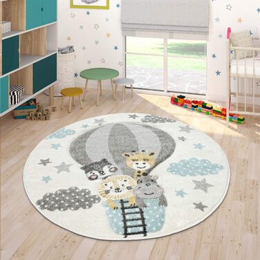 Домашній килим Paco, дитячий килим для дитячої кімнати, для хлопчиків і дівчаток, дитячий килим з коротким ворсом, 3D-вид, гори, зірки, хмари, тварини, кремовий, сірий, синій, жовтий, розмір (діаметр 160 см круглий)