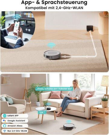 Робот-пилосос LEFANT M310 Ultra з вологою тканиною, лазерною навігацією ToF, потужністю 6000Pa, 7.9 см заввишки, розпізнавання килима, ідеальний для шерсті тварин та твердих підлог, керування через додаток/Alexa, сірий колір