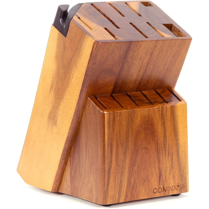Блок для ножів Coninx Universal з інтегрірувачем – Тримач для ножів з акації на 15 слотів – Стійкий підставка для кухонних ножів, хлібного ножа, ножа для стейка та ножиць, коричневий з інтегрірувачем