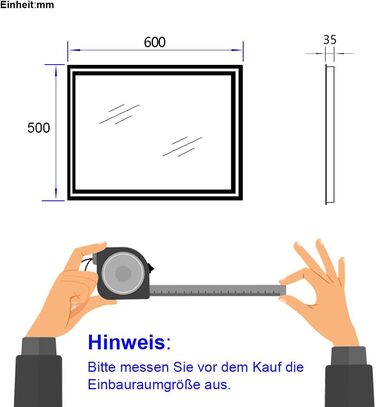 Дзеркало для ванної кімнати EMKE з підсвічуванням 50x60 см, з вимикачем-кришкою, антивміст, 2 кольори світла (тепле/холодне), LED, горизонтальне/вертикальне встановлення