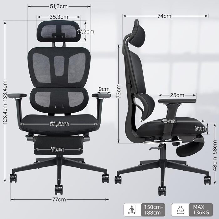 Ергономічне крісло для офісу з підніжкою, висока спинка, 2D підголівник, відкидні підлокітники, сидіння з губки, сітчастий офісний крісло, крісло для начальника, комп'ютерне крісло для дорослих, чорне