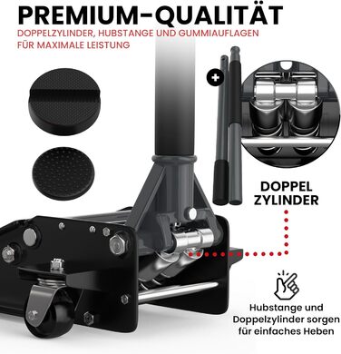 Гідравлічний домкрат 3T низькопрофільний 75-505мм з гумовими накладками для легкових авто та SUV – професійний, посилений, з роликами 360° (антрацит)