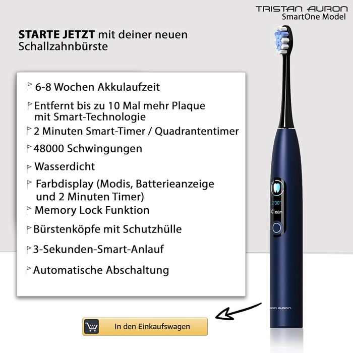 Електрична звукова зубна щітка Tristan Auron SmartOne (Блакитна) – 48 000 вібрацій, 5 режимів, дисплей, USB-C, акумулятор на 6-8 тижнів, IPX7, 6 насадок з чохлом