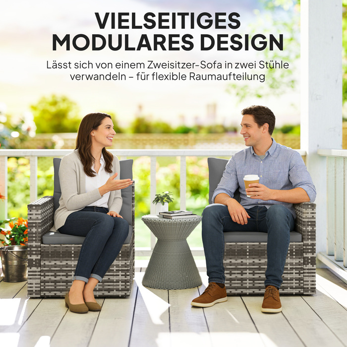 Двомісний ротанговий диван з подушками та відкидними бічними столиками. Ідеальний для відпочинку та створення затишної зони відпочинку. Колір: світло-сірий.