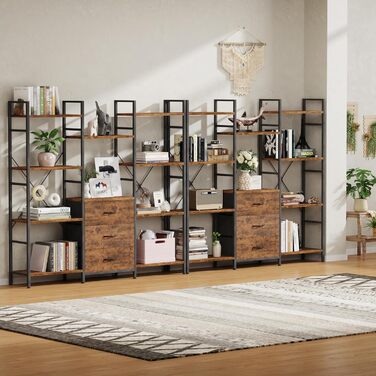 Стильна полиця-стеллаж з 4 висувними ящиками з тканини, 100W x 142Hcm, для книг, кухні, вітальні, офісу, балкону, в індустріальному стилі (4 яруси, 120cm, рустикальне дерево)