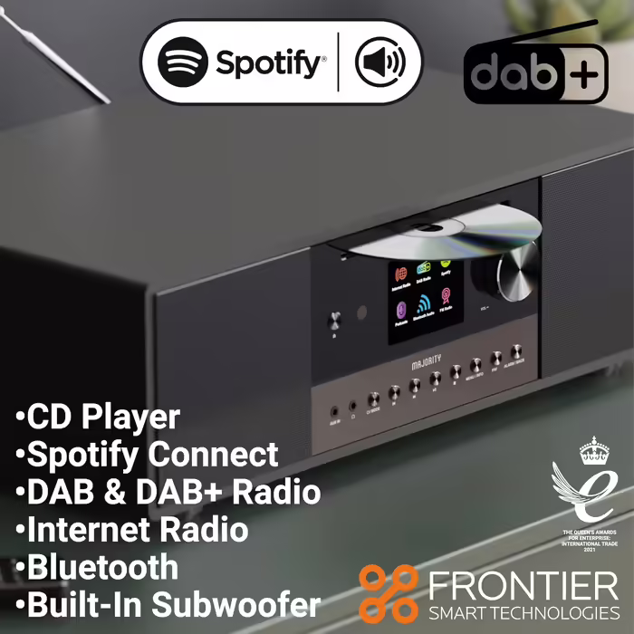 Інтернет-радіо з CD-програвачем, Bluetooth, DAB+, FM, 120 Вт 2.1 стерео, Wi-Fi, Spotify, подкасти, з дисплеєм Majority Quadriga
