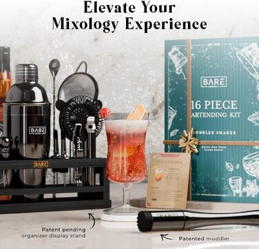 Набір бармена BARE BARREL® Mixology: 16 предметів для приготування коктейлів | Шейкер, барне аксесуар, інструменти для дому | 35 рецептів + подарунковий набір (680.4 г Cobbler Shaker)