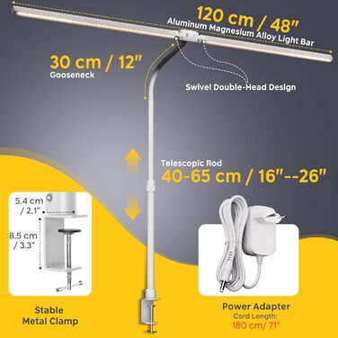 LED настільна лампа EYOCEAN 24W з гнучкою ніжкою та сенсорним керуванням для роботи, читання та дизайну, 80 см, білий колір