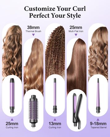 BESTOPE PRO Локкенстаб: Набір для створення локонів 5 в 1 з плойкою, термощіткою, 3 локонами (9mm-25mm) для великих локонів, 13 температур, керлером з термозахистом. Матова поверхня, рукавичка, затискач. Колір: Північне сяйво (Lila)